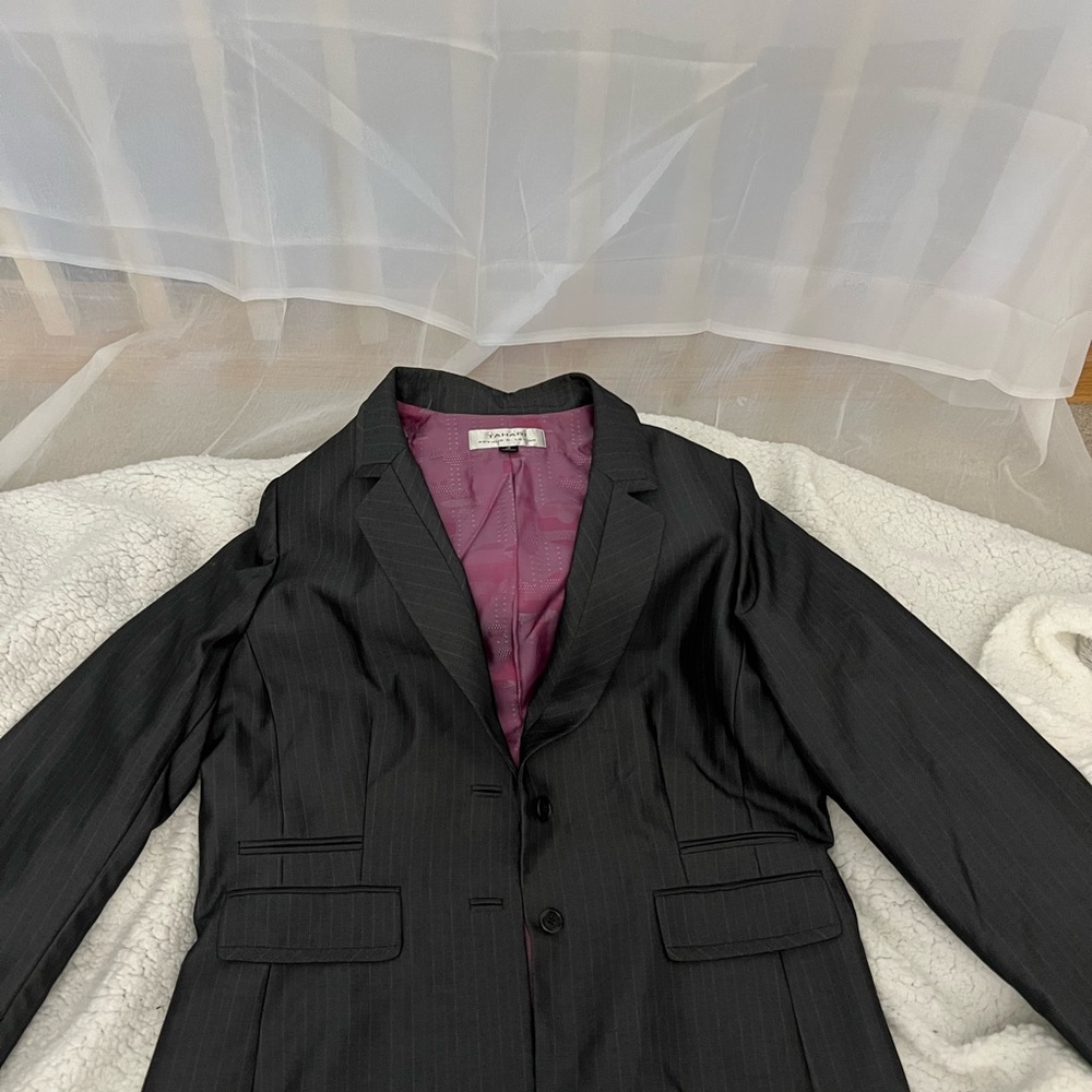 Tahari Black Pinstripe Blazer with Plum Lining